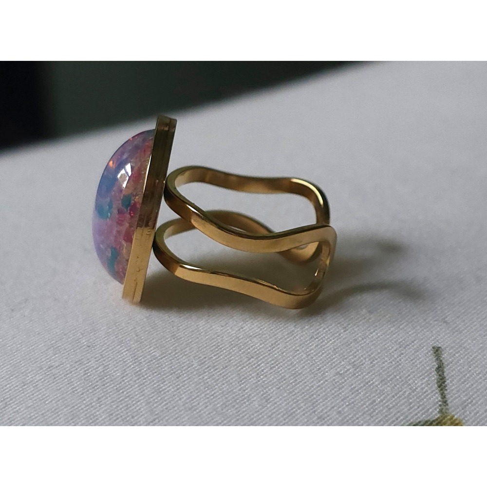 Vintage Gold Tone Faux Opal Adjustable Ring Oval Cabochon Multi Color Fire 7.25 - Picture 5 of 8